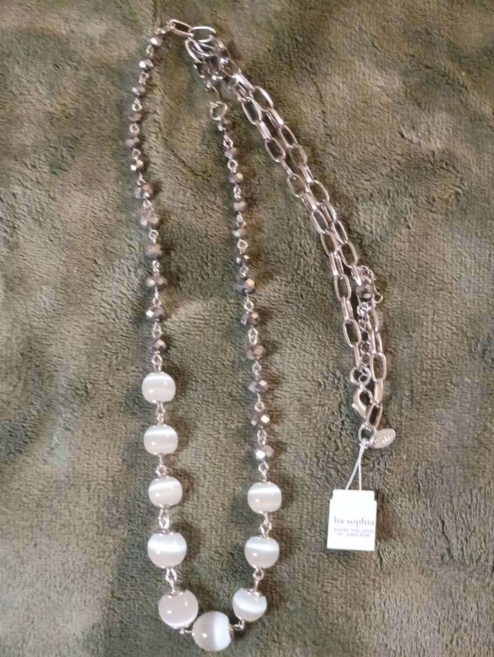Lia Sophia White Bead Necklace with Silver Accents Fog Necklace